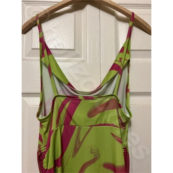 Nasty Gal Lime Green & Hot Pink Marble Print Ruched Cowl Neck Dress NWT - Picture 10 of 14